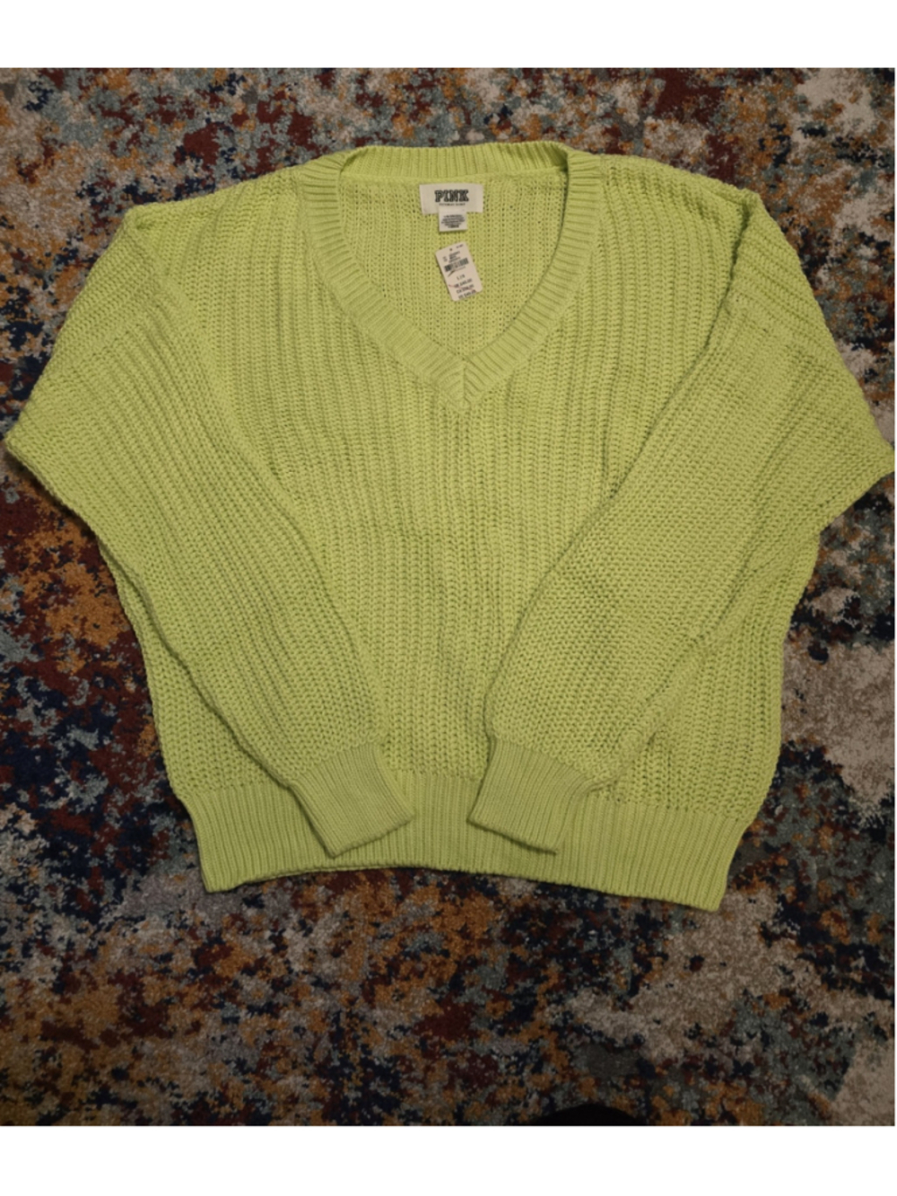 PINK Victoria's Secret NWT V-Neck Cable Knit Sweater Neon Lime Green Large